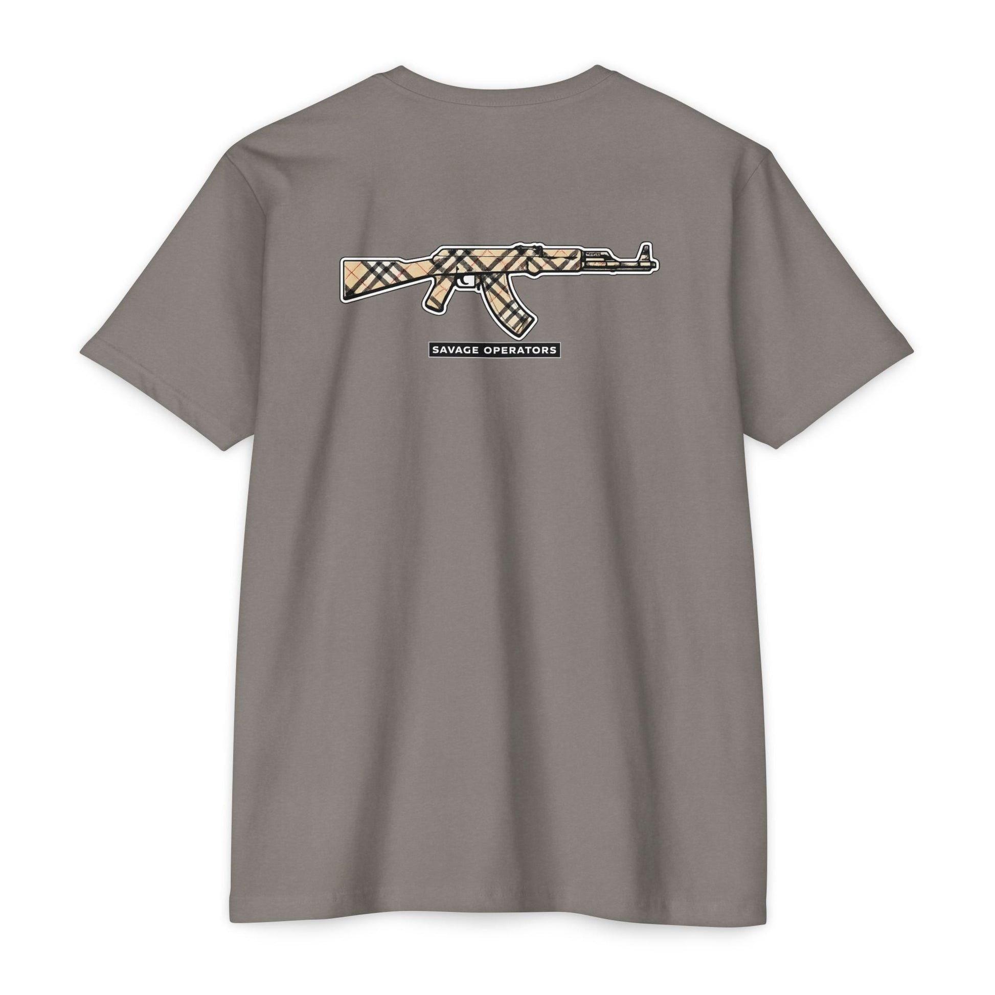 AK - 47 Plaid 2a Graphic T-Shirt — Savage Operator Backprint - Savage Operators Tactical Tee | T-Shirt | Savage Operators Clothing | Patriotic Apparel | Military Humor | High Quality CVC Midnight Navy