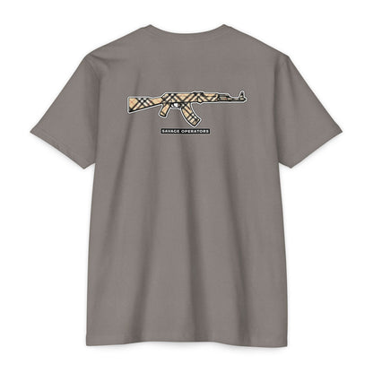 AK - 47 Plaid 2a Graphic T-Shirt — Savage Operator Backprint - Savage Operators Tactical Tee | T-Shirt | Savage Operators Clothing | Patriotic Apparel | Military Humor | High Quality CVC Midnight Navy