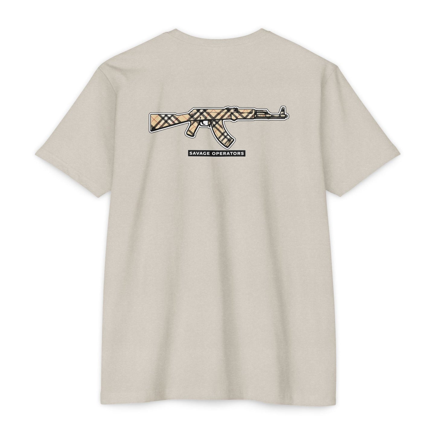 AK - 47 Plaid 2a Graphic T-Shirt — Savage Operator Backprint - Savage Operators Tactical Tee | T-Shirt | Savage Operators Clothing | Patriotic Apparel | Military Humor | High Quality CVC Midnight Navy