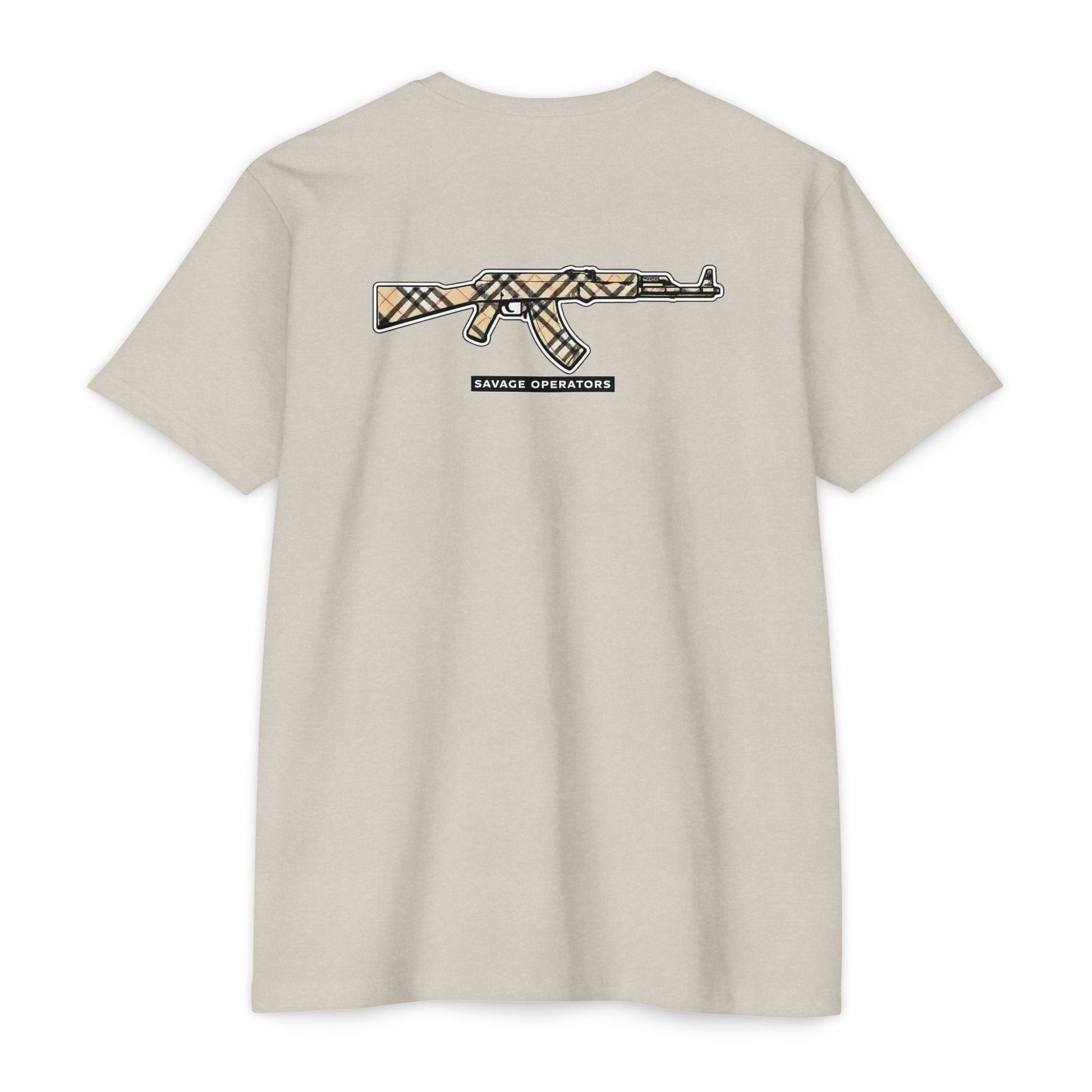 AK - 47 Plaid 2a Graphic T-Shirt — Savage Operator Backprint - Savage Operators Tactical Tee | T-Shirt | Savage Operators Clothing | Patriotic Apparel | Military Humor | High Quality CVC Midnight Navy