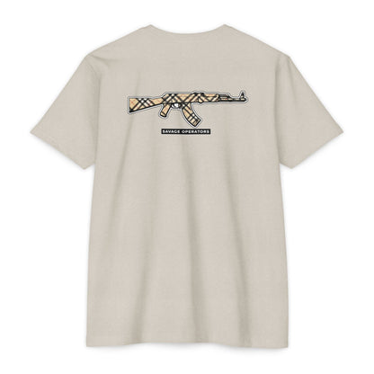 AK - 47 Plaid 2a Graphic T-Shirt — Savage Operator Backprint - Savage Operators Tactical Tee | T-Shirt | Savage Operators Clothing | Patriotic Apparel | Military Humor | High Quality CVC Midnight Navy