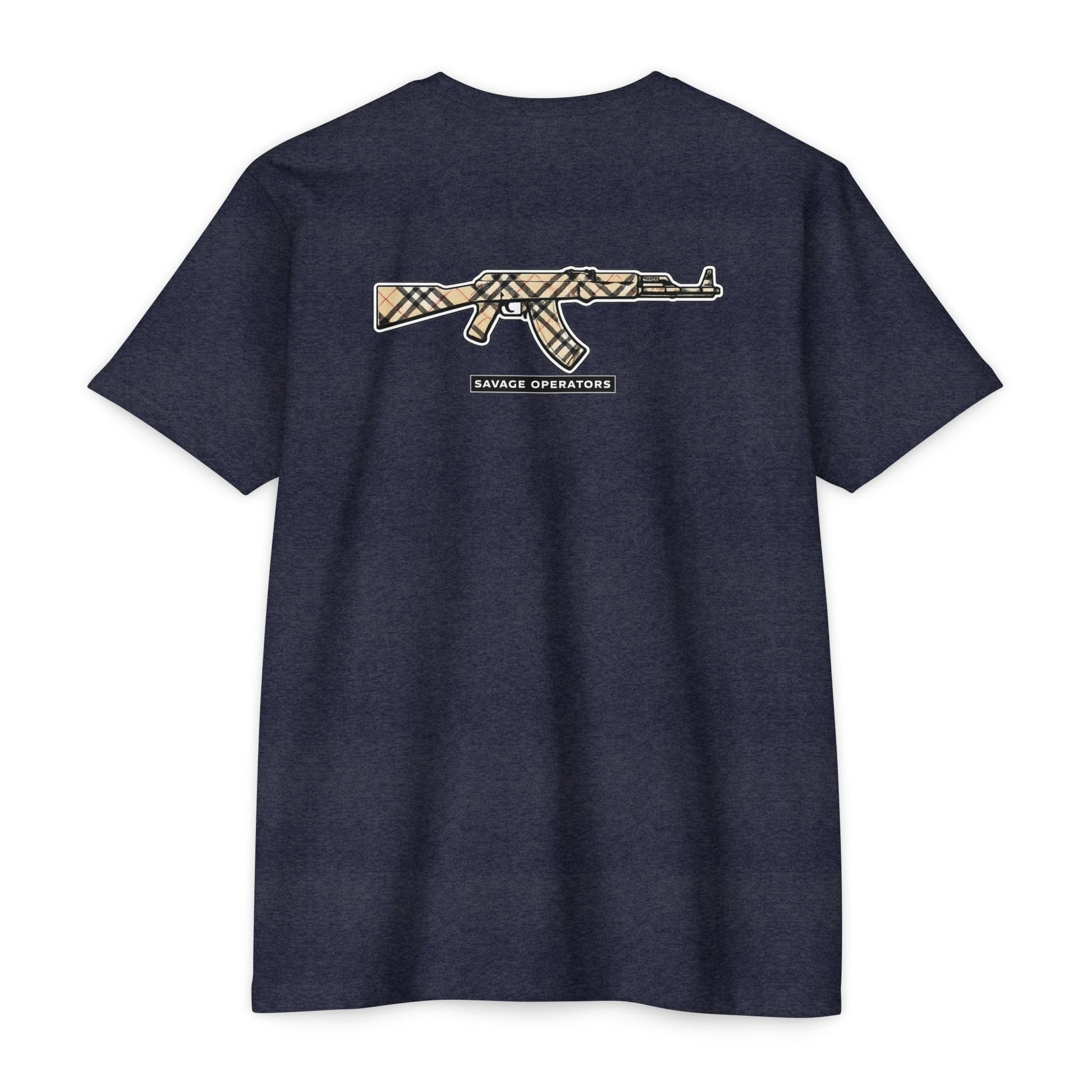 AK - 47 Plaid 2a Graphic T-Shirt — Savage Operator Backprint - Savage Operators Tactical Tee | T-Shirt | Savage Operators Clothing | Patriotic Apparel | Military Humor | High Quality CVC Midnight Navy