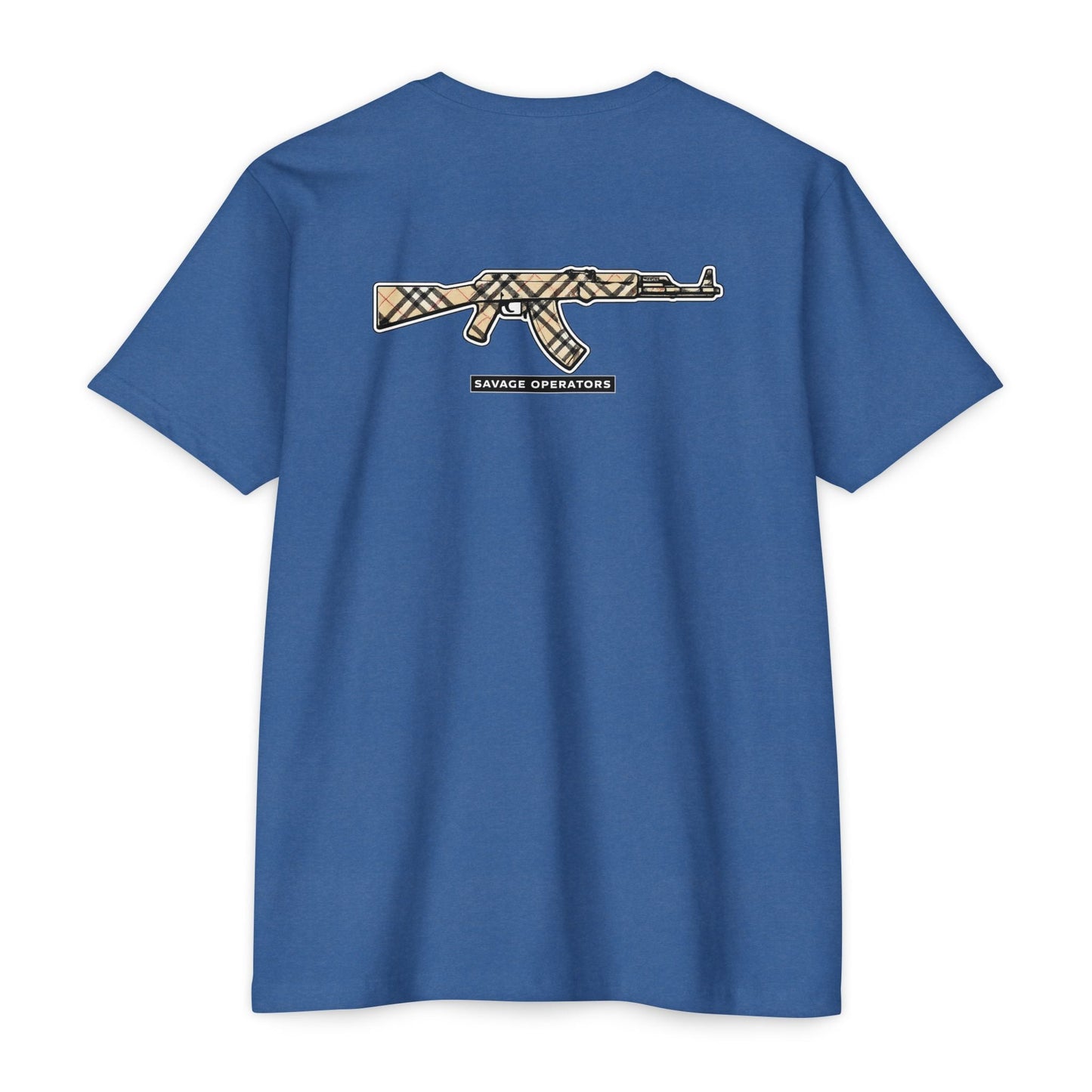 AK - 47 Plaid 2a Graphic T-Shirt — Savage Operator Backprint - Savage Operators Tactical Tee | T-Shirt | Savage Operators Clothing | Patriotic Apparel | Military Humor | High Quality CVC Midnight Navy
