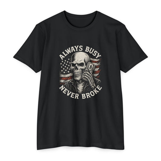 Always Busy Never Broke Tee – Savage Operators Skull Graphic, American Flag Shirt - Savage Operators Tactical Tee | T-Shirt | Savage Operators Clothing | Patriotic Apparel | Military Humor | High Quality CVC Black