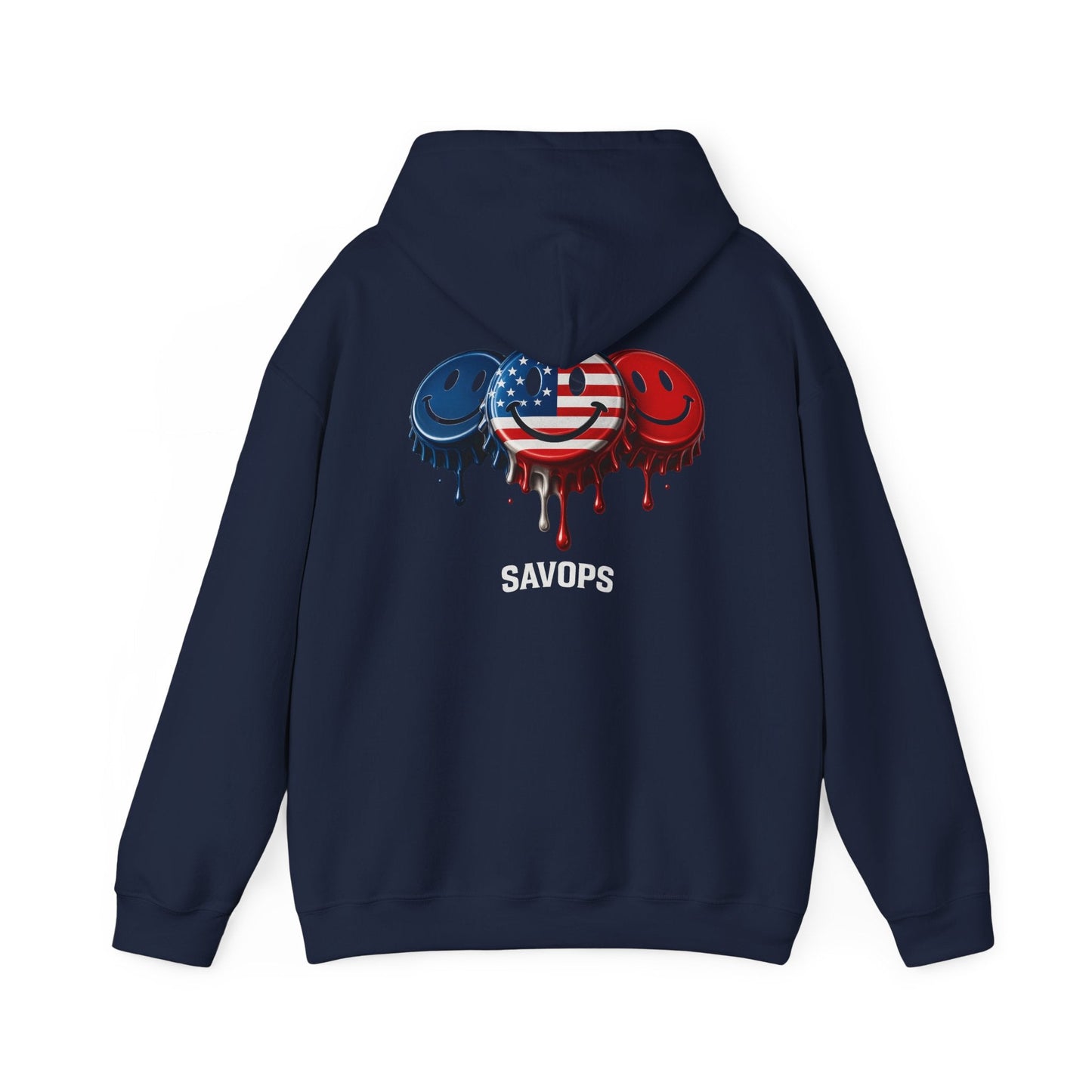 American Flag Drip Smiley Hoodie — SAVOPS Patriotic Graphic Hoodie - Savage Operators Tactical Tee | Hoodie | Savage Operators Clothing | Patriotic Apparel | Military Humor | High Quality S