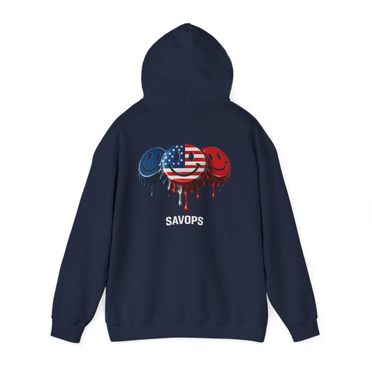 American Flag Drip Smiley Hoodie — SAVOPS Patriotic Graphic Hoodie - Savage Operators Tactical Tee | Hoodie | Savage Operators Clothing | Patriotic Apparel | Military Humor | High Quality S