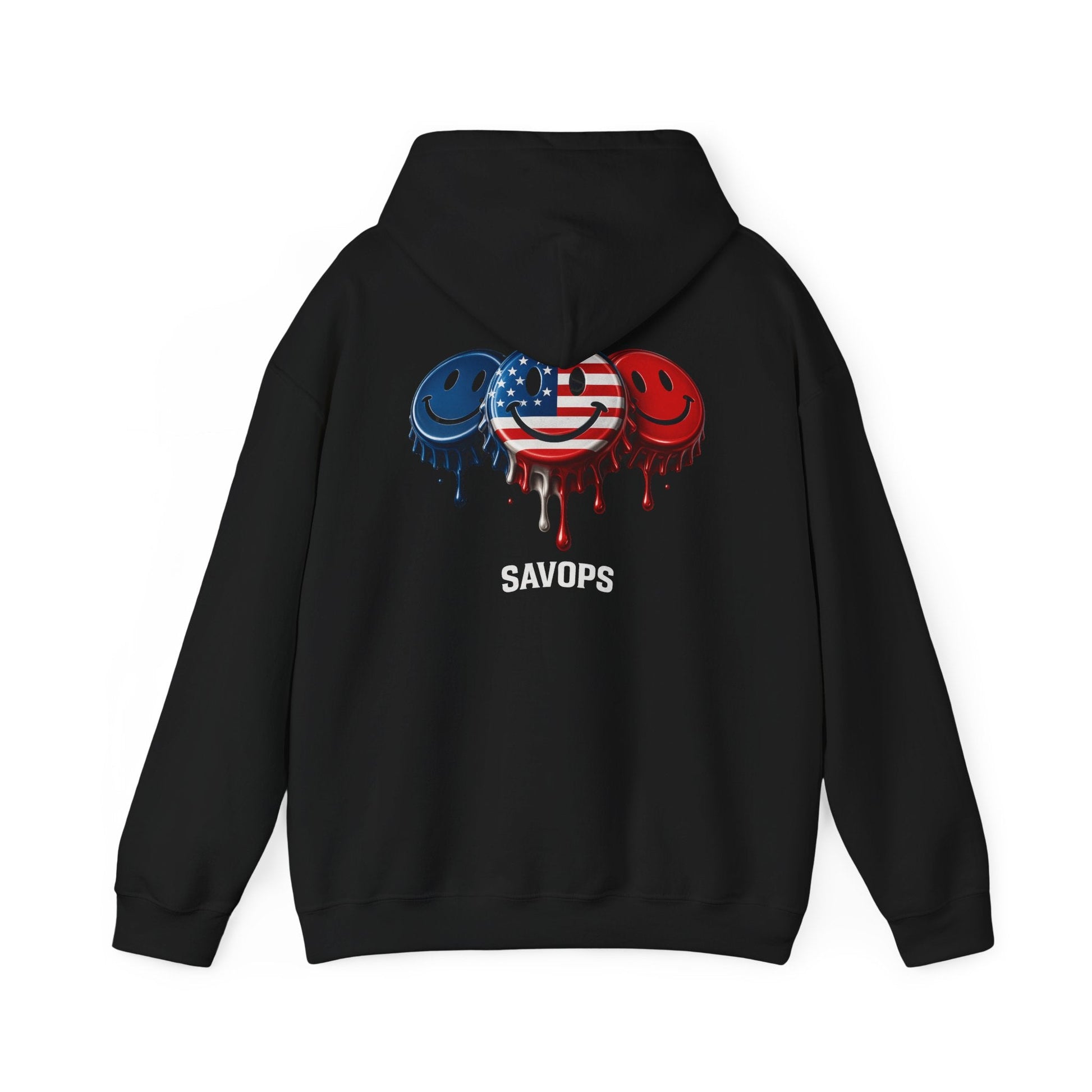 American Flag Drip Smiley Hoodie — SAVOPS Patriotic Graphic Hoodie - Savage Operators Tactical Tee | Hoodie | Savage Operators Clothing | Patriotic Apparel | Military Humor | High Quality S