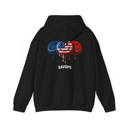 American Flag Drip Smiley Hoodie — SAVOPS Patriotic Graphic Hoodie - Savage Operators Tactical Tee | Hoodie | Savage Operators Clothing | Patriotic Apparel | Military Humor | High Quality S