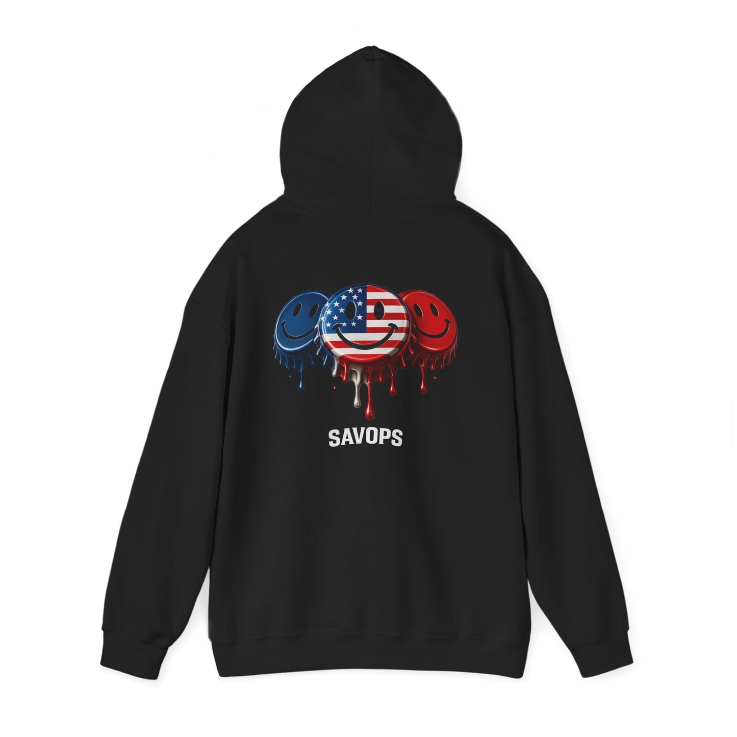 American Flag Drip Smiley Hoodie — SAVOPS Patriotic Graphic Hoodie - Savage Operators Tactical Tee | Hoodie | Savage Operators Clothing | Patriotic Apparel | Military Humor | High Quality S