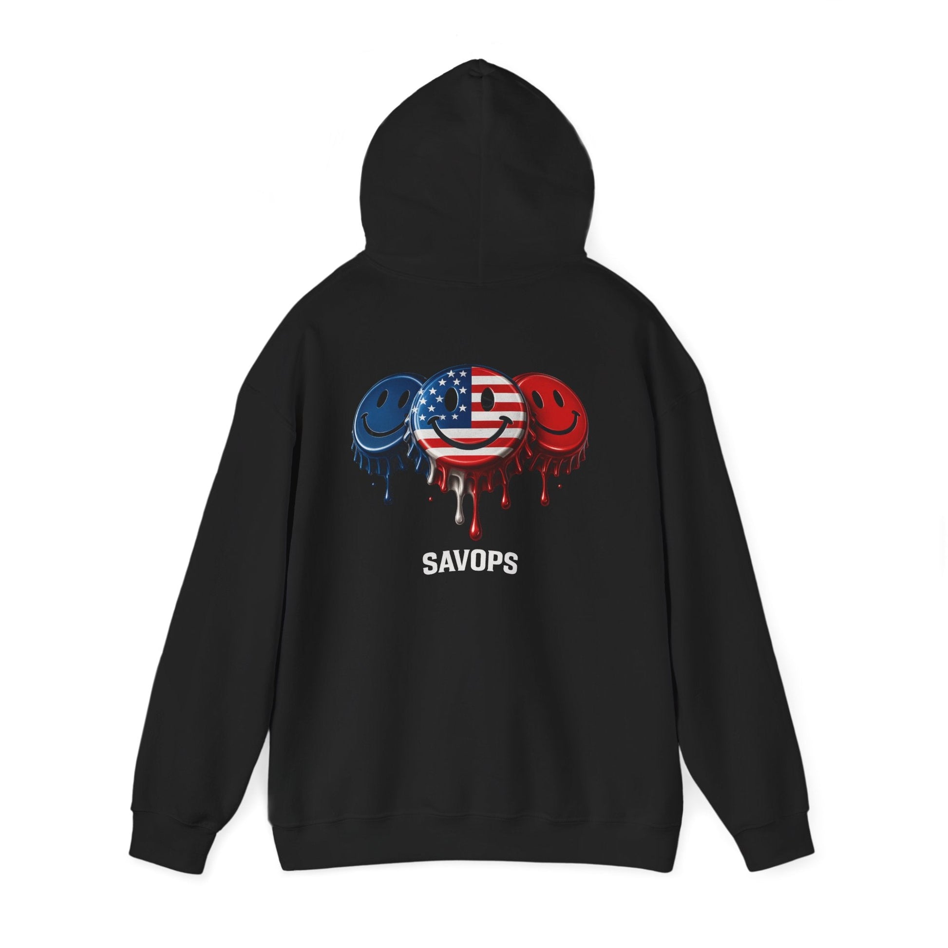 American Flag Drip Smiley Hoodie — SAVOPS Patriotic Graphic Hoodie - Savage Operators Tactical Tee | Hoodie | Savage Operators Clothing | Patriotic Apparel | Military Humor | High Quality S