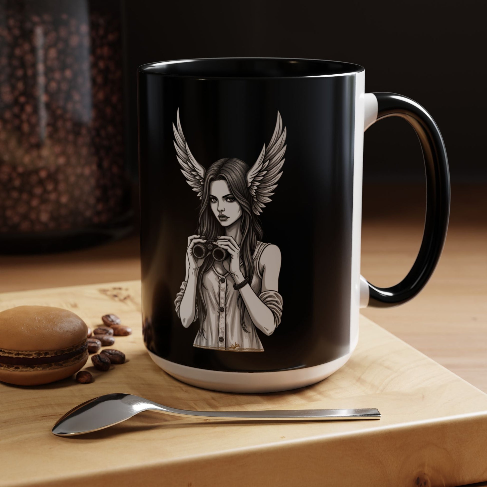 Angel binoculars Coffee Mug — Gothic Winged Woman Accent Mug 16oz - Savage Operators Tactical Tee | Mug | Savage Operators Clothing | Patriotic Apparel | Military Humor | High Quality 15oz