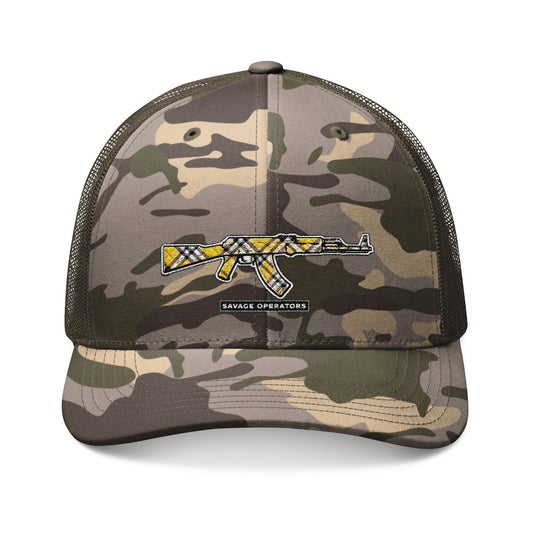 Camo Trucker Hat — Embroidered AK47 2a Mesh Cap - Savage Operators Tactical Tee | Hats | Savage Operators Clothing | Patriotic Apparel | Military Humor | High Quality One size
