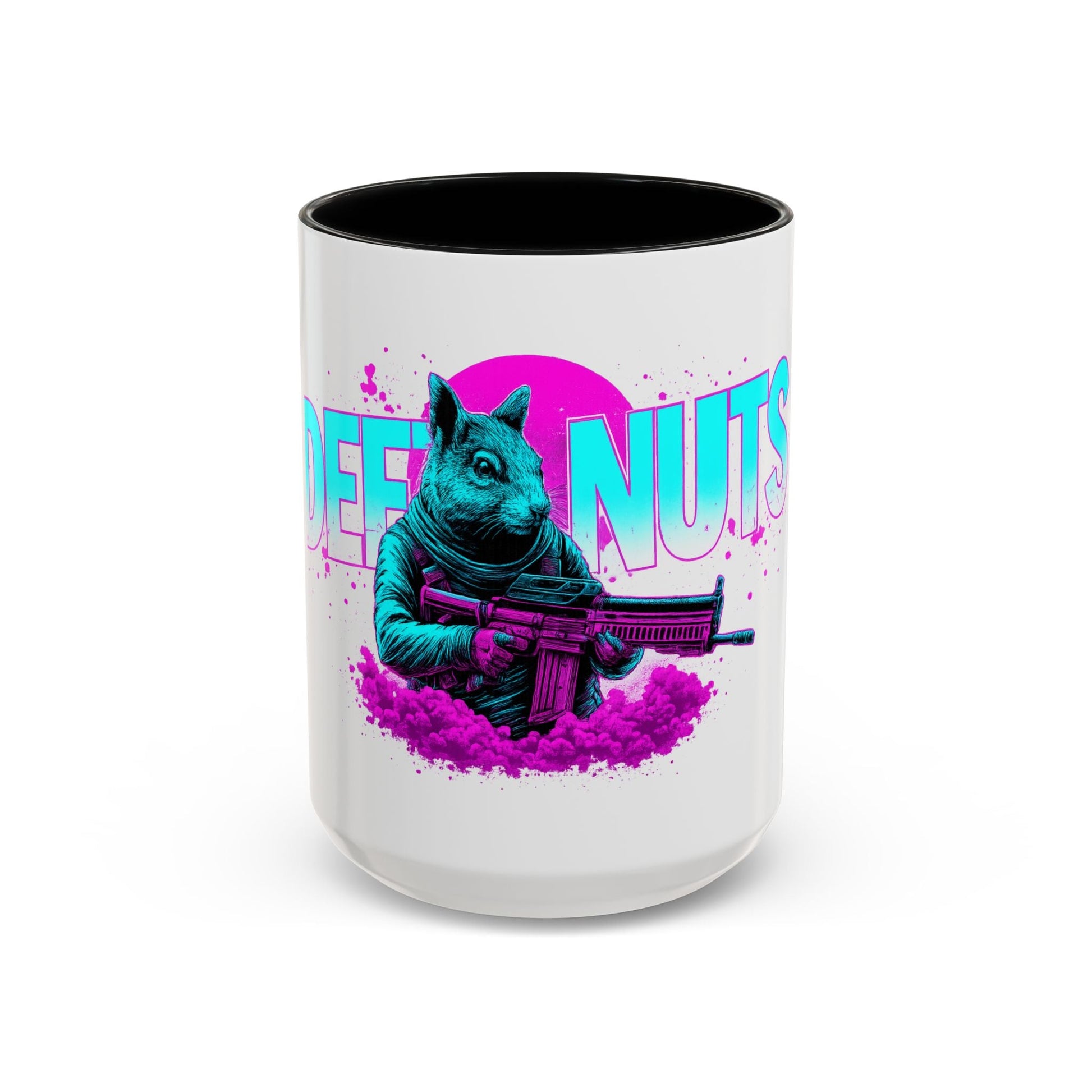 Coffee Nuts deez nuts Accent Mug — Retro Neon Squirrel with Rifle Coffee Mug 16oz - Savage Operators Tactical Tee | Mug | Savage Operators Clothing | Patriotic Apparel | Military Humor | High Quality 15oz