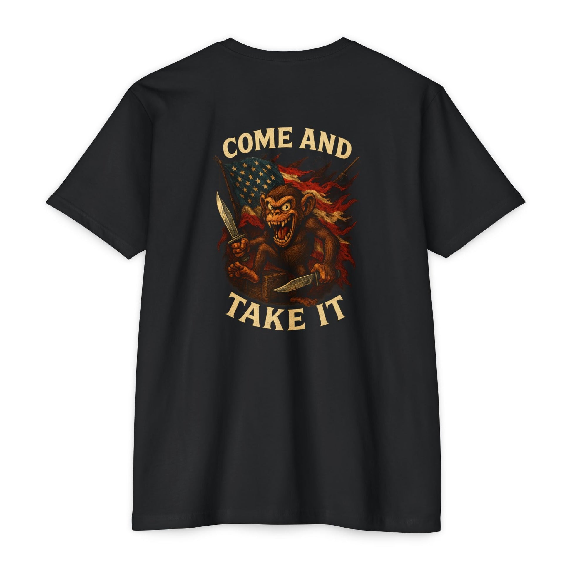 Come and Take It Back Print T-Shirt – Patriotic Monkey Graphic | Savage Operators - Savage Operators Tactical Tee | T-Shirt | Savage Operators Clothing | Patriotic Apparel | Military Humor | High Quality CVC Black