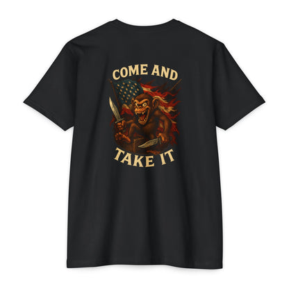 Come and Take It Back Print T-Shirt – Patriotic Monkey Graphic | Savage Operators - Savage Operators Tactical Tee | T-Shirt | Savage Operators Clothing | Patriotic Apparel | Military Humor | High Quality CVC Black