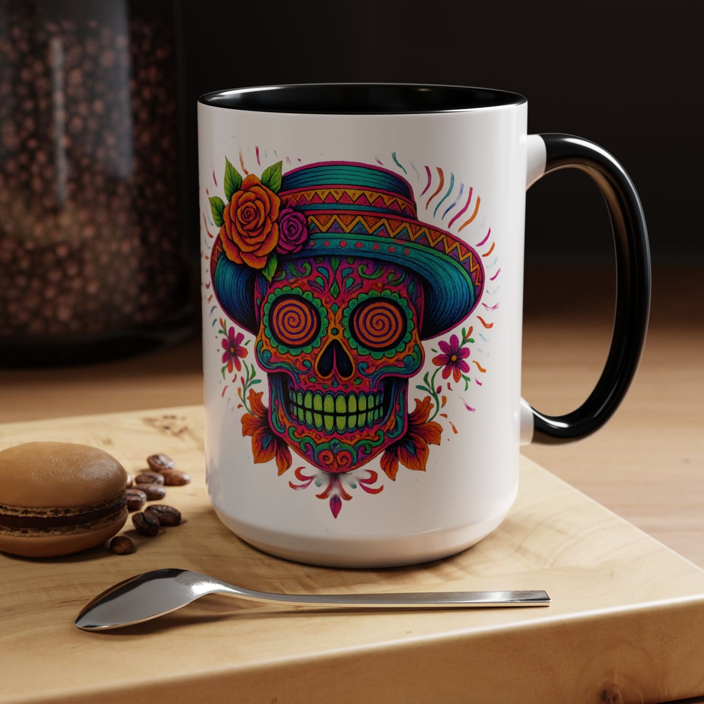 Day of the Dead Sugar Skull Coffee Mug — Colorful Mexican Calavera Accent Mug - Savage Operators Tactical Tee | Mug | Savage Operators Clothing | Patriotic Apparel | Military Humor | High Quality 15oz