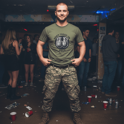 Don’t Tread on Deez Grenades Tee | Savage Operators Funny Tactical Shirt - Savage Operators Tactical Tee | T-Shirt | Savage Operators Clothing | Patriotic Apparel | Military Humor | High Quality CVC Midnight Navy