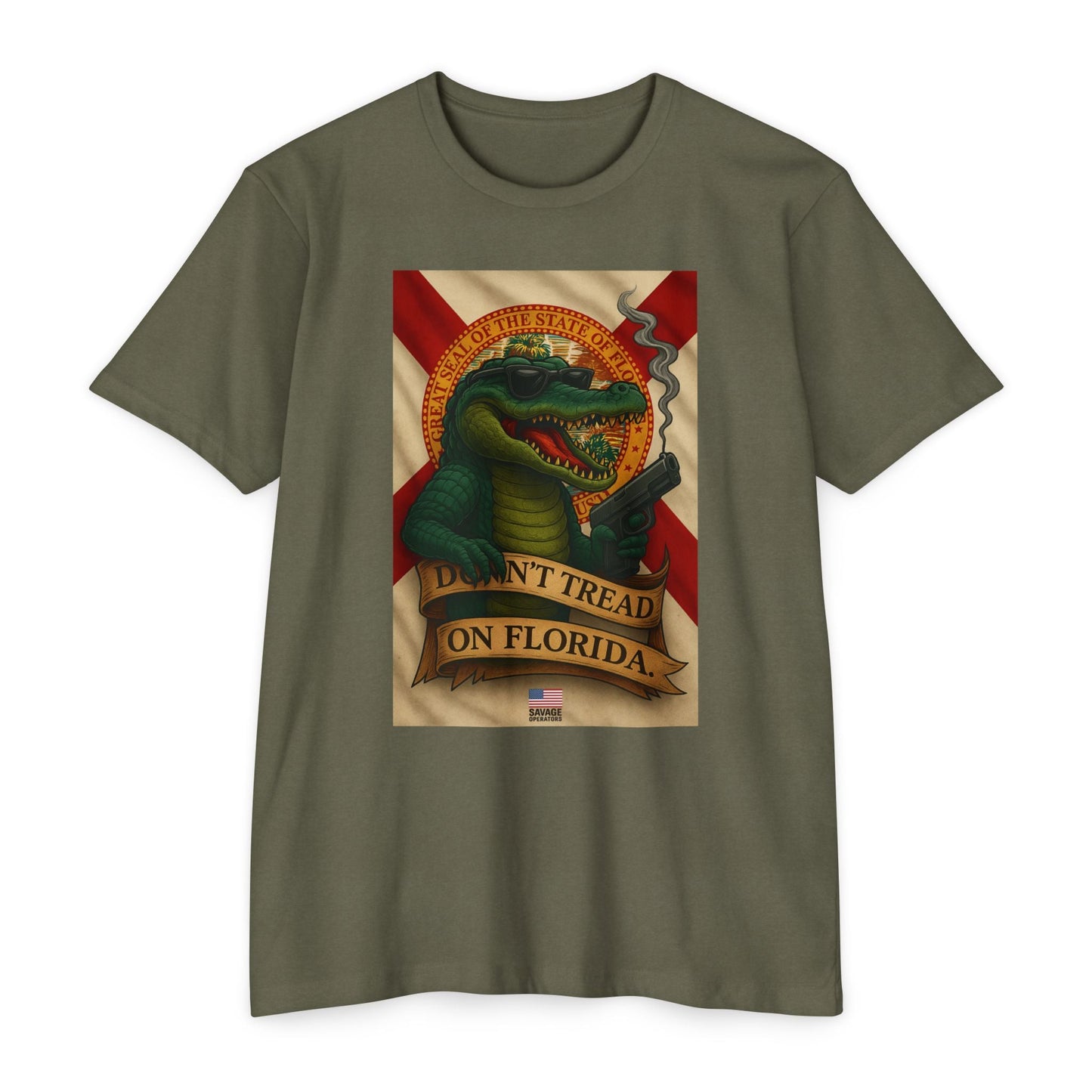 Don’t Tread On Florida – Tactical Gator Tee | Savage Operators - Savage Operators Tactical Tee | T-Shirt | Savage Operators Clothing | Patriotic Apparel | Military Humor | High Quality CVC Military Green