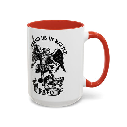 FAFO Defend Us in Battle Accent Coffee Mug — St. Michael Warrior Design - Savage Operators Tactical Tee | Mug | Savage Operators Clothing | Patriotic Apparel | Military Humor | High Quality 15oz