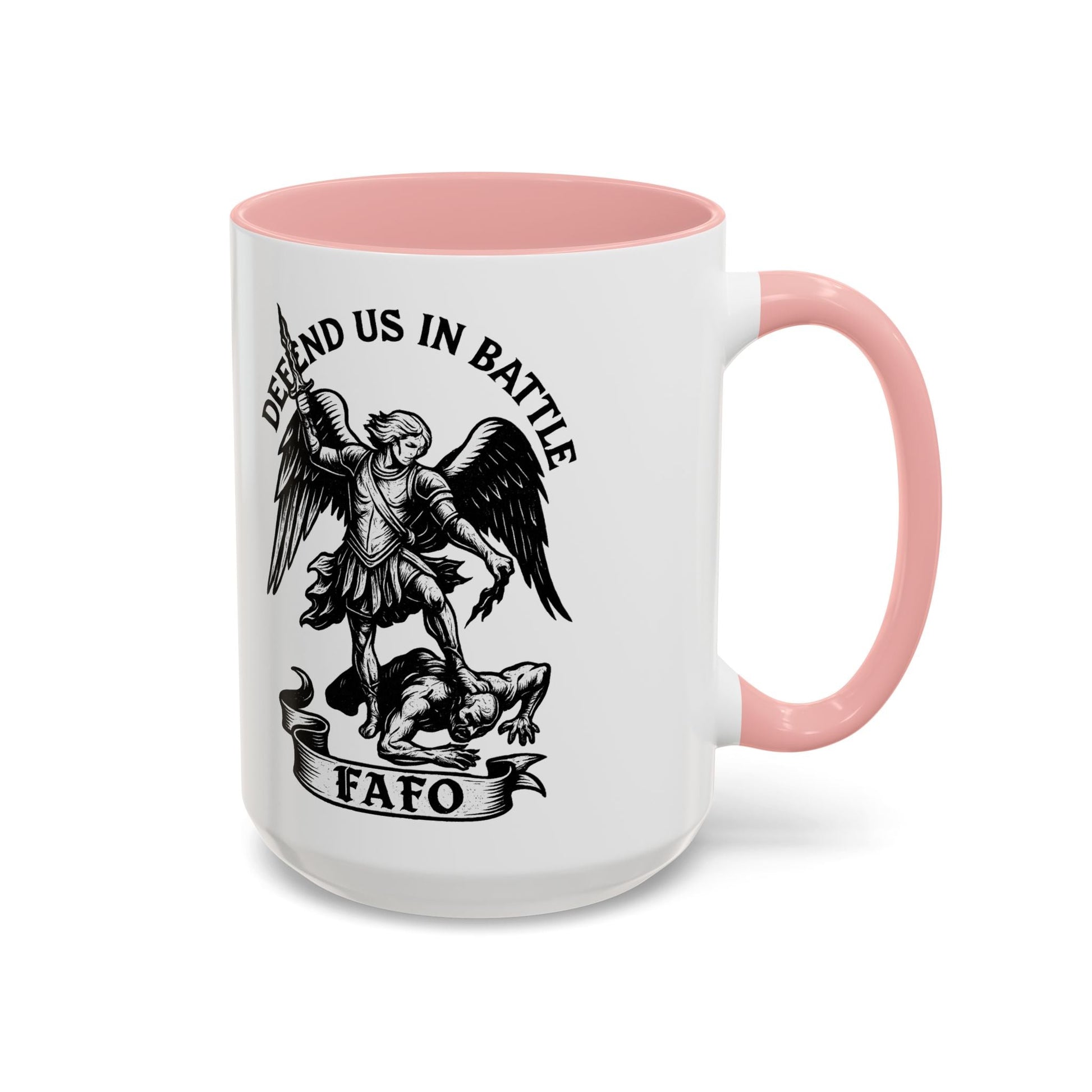 FAFO Defend Us in Battle Accent Coffee Mug — St. Michael Warrior Design - Savage Operators Tactical Tee | Mug | Savage Operators Clothing | Patriotic Apparel | Military Humor | High Quality 15oz
