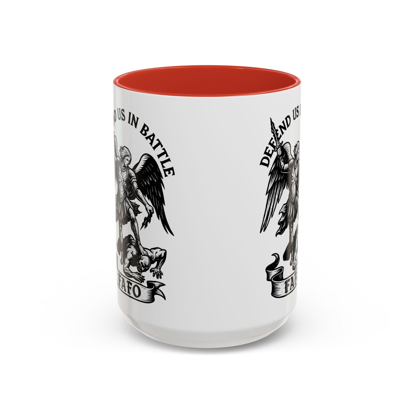 FAFO Defend Us in Battle Accent Coffee Mug — St. Michael Warrior Design - Savage Operators Tactical Tee | Mug | Savage Operators Clothing | Patriotic Apparel | Military Humor | High Quality 15oz
