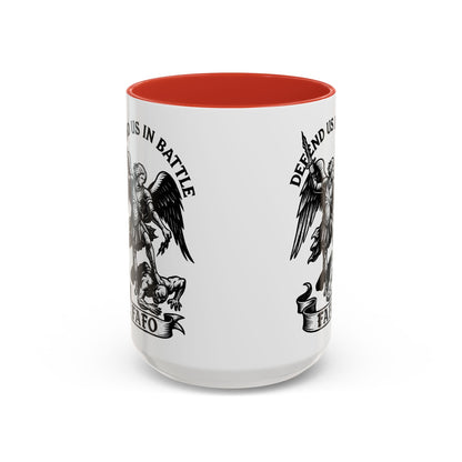 FAFO Defend Us in Battle Accent Coffee Mug — St. Michael Warrior Design - Savage Operators Tactical Tee | Mug | Savage Operators Clothing | Patriotic Apparel | Military Humor | High Quality 15oz