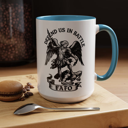 FAFO Defend Us in Battle Accent Coffee Mug — St. Michael Warrior Design - Savage Operators Tactical Tee | Mug | Savage Operators Clothing | Patriotic Apparel | Military Humor | High Quality 15oz