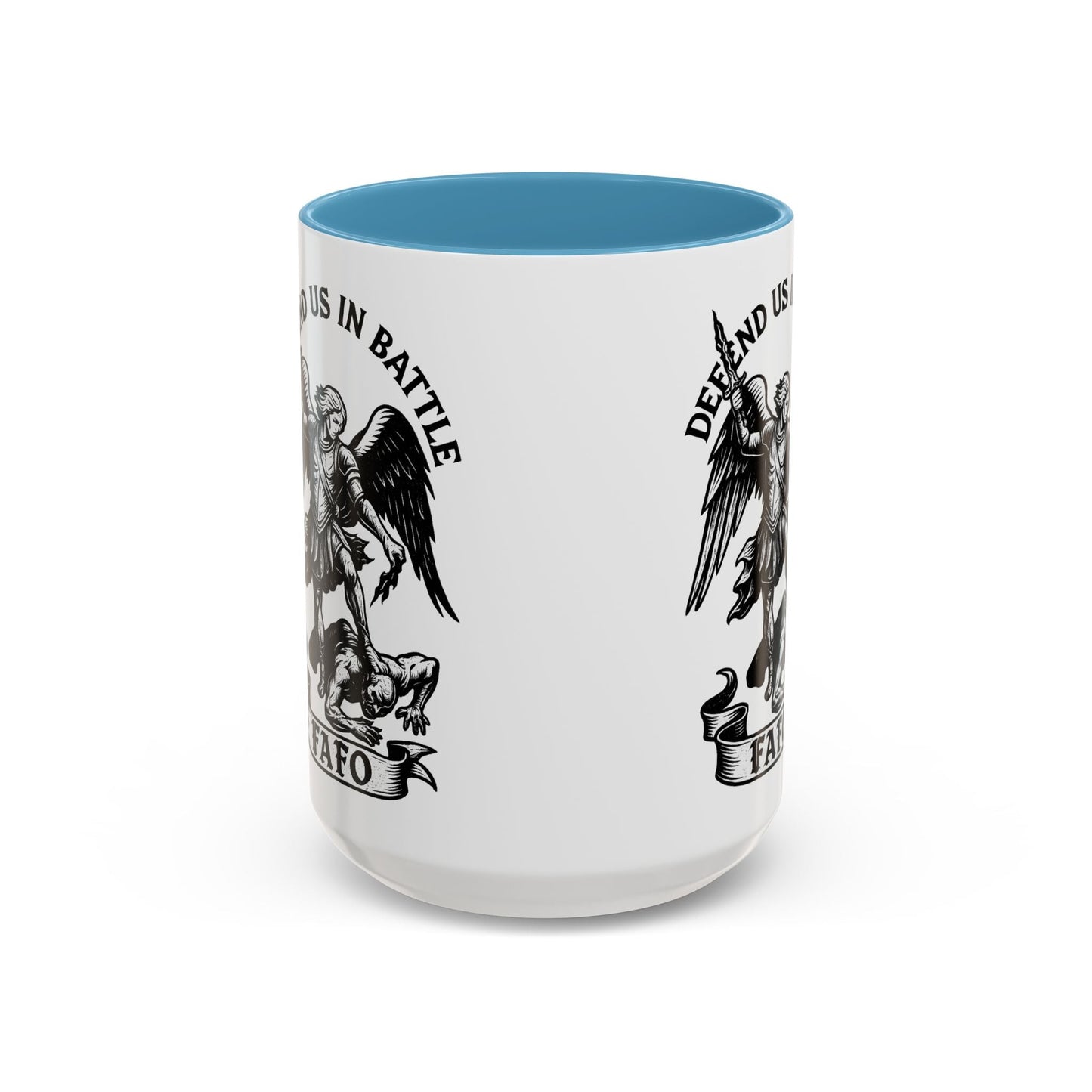 FAFO Defend Us in Battle Accent Coffee Mug — St. Michael Warrior Design - Savage Operators Tactical Tee | Mug | Savage Operators Clothing | Patriotic Apparel | Military Humor | High Quality 15oz