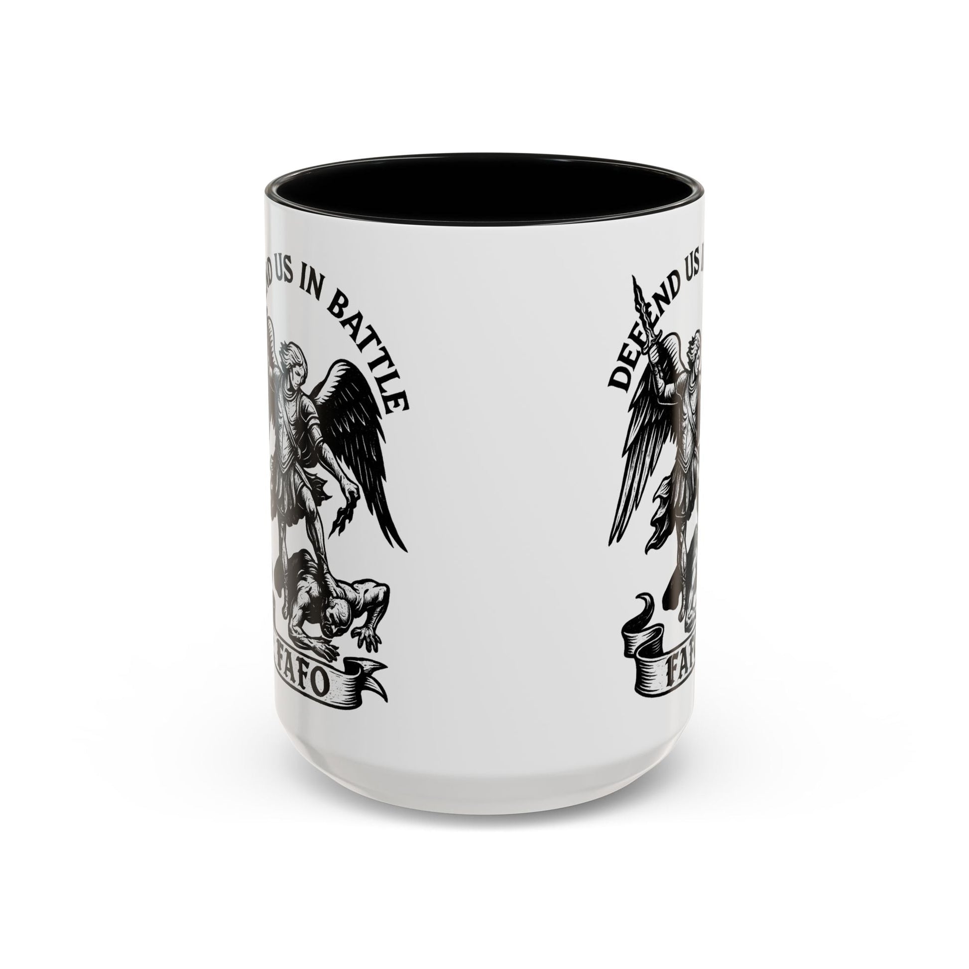 FAFO Defend Us in Battle Accent Coffee Mug — St. Michael Warrior Design - Savage Operators Tactical Tee | Mug | Savage Operators Clothing | Patriotic Apparel | Military Humor | High Quality 15oz