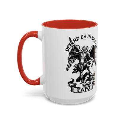 FAFO Defend Us in Battle Accent Coffee Mug — St. Michael Warrior Design - Savage Operators Tactical Tee | Mug | Savage Operators Clothing | Patriotic Apparel | Military Humor | High Quality 15oz