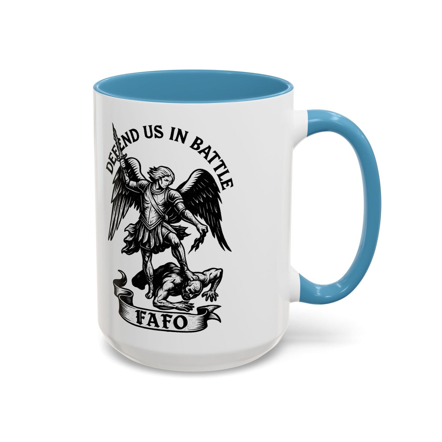 FAFO Defend Us in Battle Accent Coffee Mug — St. Michael Warrior Design - Savage Operators Tactical Tee | Mug | Savage Operators Clothing | Patriotic Apparel | Military Humor | High Quality 15oz