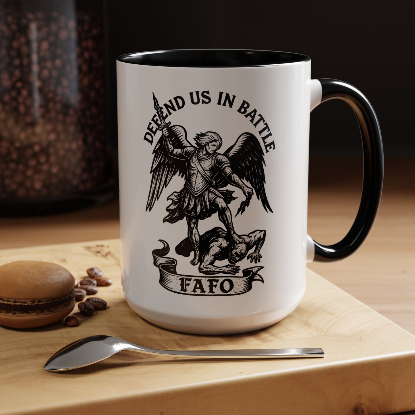 FAFO Defend Us in Battle Accent Coffee Mug — St. Michael Warrior Design - Savage Operators Tactical Tee | Mug | Savage Operators Clothing | Patriotic Apparel | Military Humor | High Quality 15oz