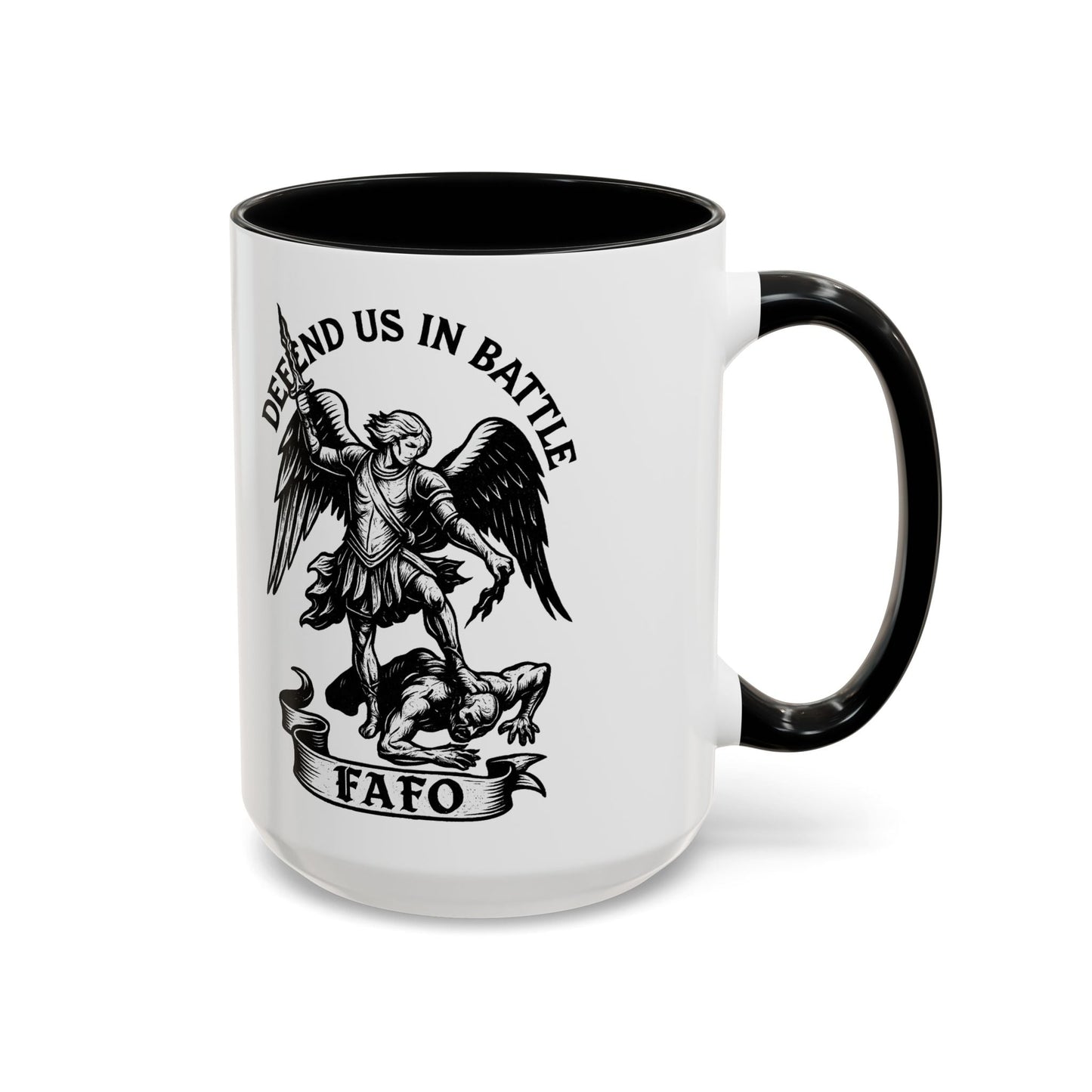 FAFO Defend Us in Battle Accent Coffee Mug — St. Michael Warrior Design - Savage Operators Tactical Tee | Mug | Savage Operators Clothing | Patriotic Apparel | Military Humor | High Quality 15oz