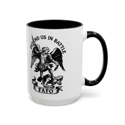 FAFO Defend Us in Battle Accent Coffee Mug — St. Michael Warrior Design - Savage Operators Tactical Tee | Mug | Savage Operators Clothing | Patriotic Apparel | Military Humor | High Quality 15oz