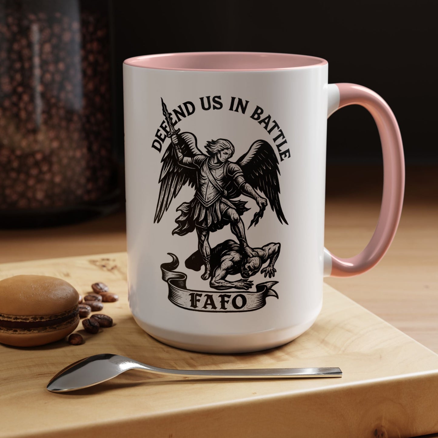 FAFO Defend Us in Battle Accent Coffee Mug — St. Michael Warrior Design - Savage Operators Tactical Tee | Mug | Savage Operators Clothing | Patriotic Apparel | Military Humor | High Quality 15oz