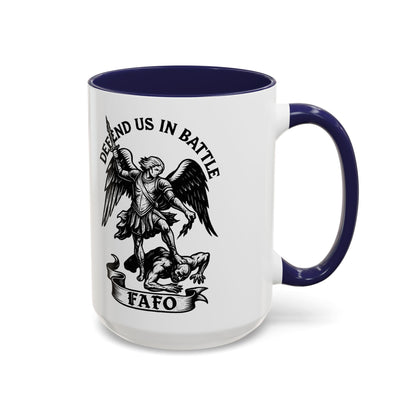 FAFO Defend Us in Battle Accent Coffee Mug — St. Michael Warrior Design - Savage Operators Tactical Tee | Mug | Savage Operators Clothing | Patriotic Apparel | Military Humor | High Quality 15oz