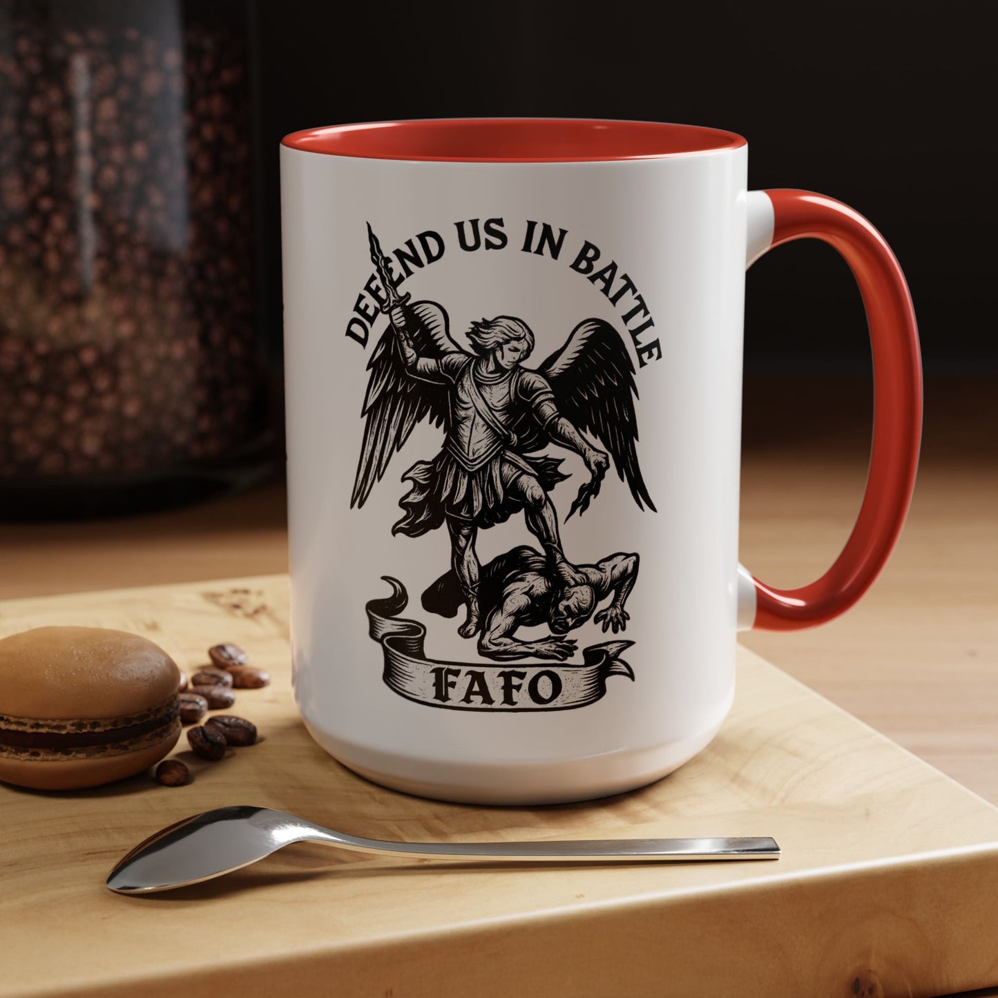 FAFO Defend Us in Battle Accent Coffee Mug — St. Michael Warrior Design - Savage Operators Tactical Tee | Mug | Savage Operators Clothing | Patriotic Apparel | Military Humor | High Quality 15oz