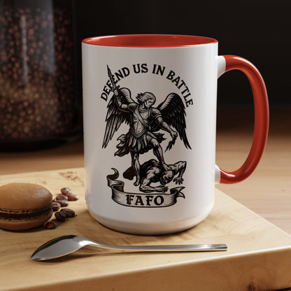 FAFO Defend Us in Battle Accent Coffee Mug — St. Michael Warrior Design - Savage Operators Tactical Tee | Mug | Savage Operators Clothing | Patriotic Apparel | Military Humor | High Quality 15oz