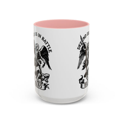 FAFO Defend Us in Battle Accent Coffee Mug — St. Michael Warrior Design - Savage Operators Tactical Tee | Mug | Savage Operators Clothing | Patriotic Apparel | Military Humor | High Quality 15oz