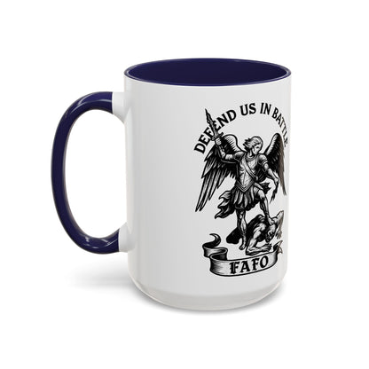 FAFO Defend Us in Battle Accent Coffee Mug — St. Michael Warrior Design - Savage Operators Tactical Tee | Mug | Savage Operators Clothing | Patriotic Apparel | Military Humor | High Quality 15oz
