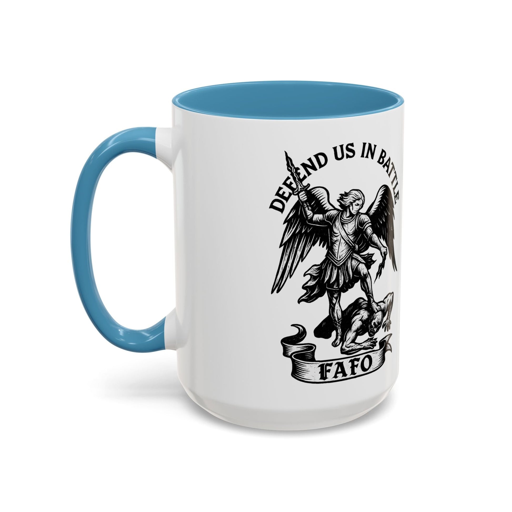 FAFO Defend Us in Battle Accent Coffee Mug — St. Michael Warrior Design - Savage Operators Tactical Tee | Mug | Savage Operators Clothing | Patriotic Apparel | Military Humor | High Quality 15oz