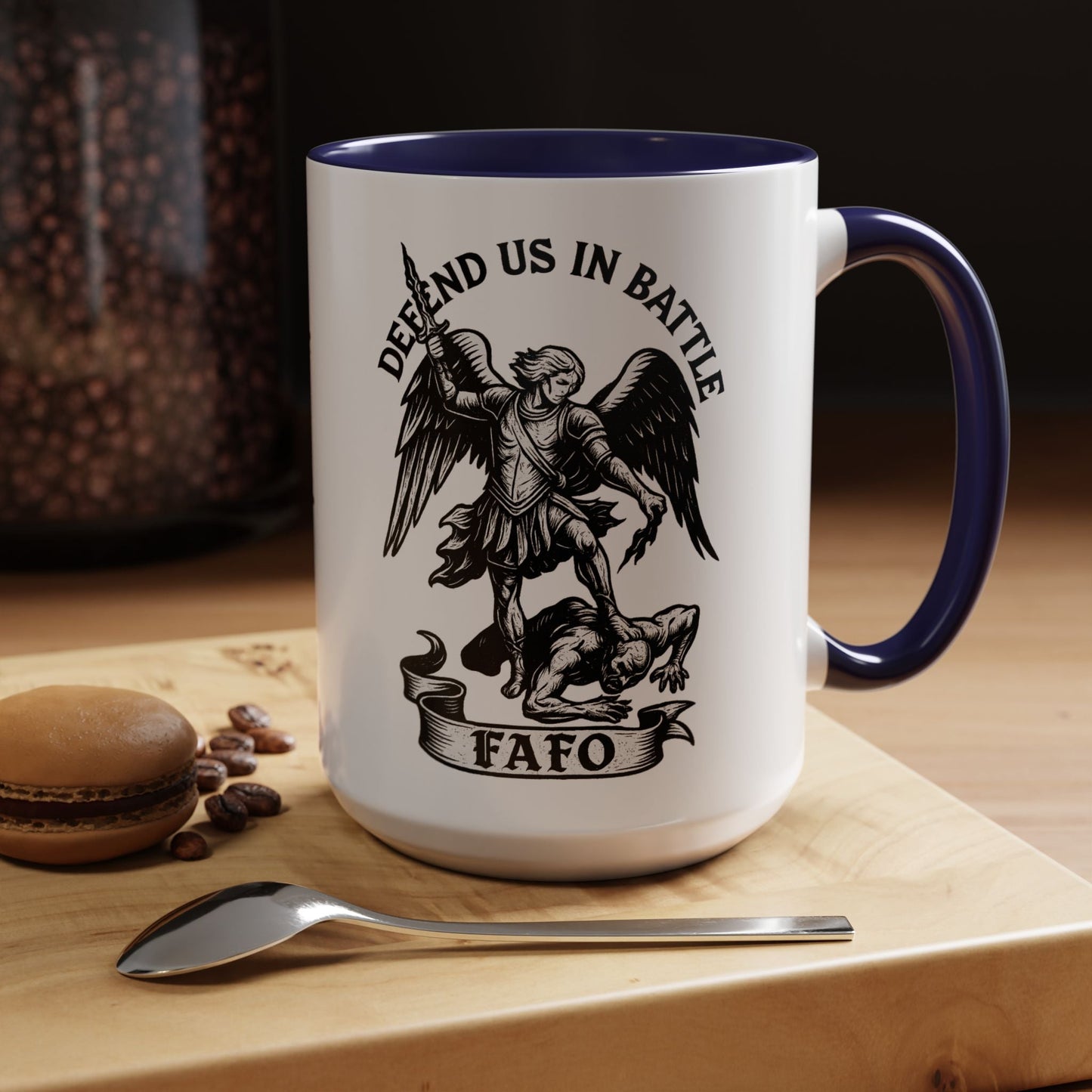 FAFO Defend Us in Battle Accent Coffee Mug — St. Michael Warrior Design - Savage Operators Tactical Tee | Mug | Savage Operators Clothing | Patriotic Apparel | Military Humor | High Quality 15oz