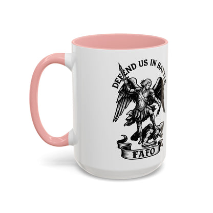 FAFO Defend Us in Battle Accent Coffee Mug — St. Michael Warrior Design - Savage Operators Tactical Tee | Mug | Savage Operators Clothing | Patriotic Apparel | Military Humor | High Quality 15oz