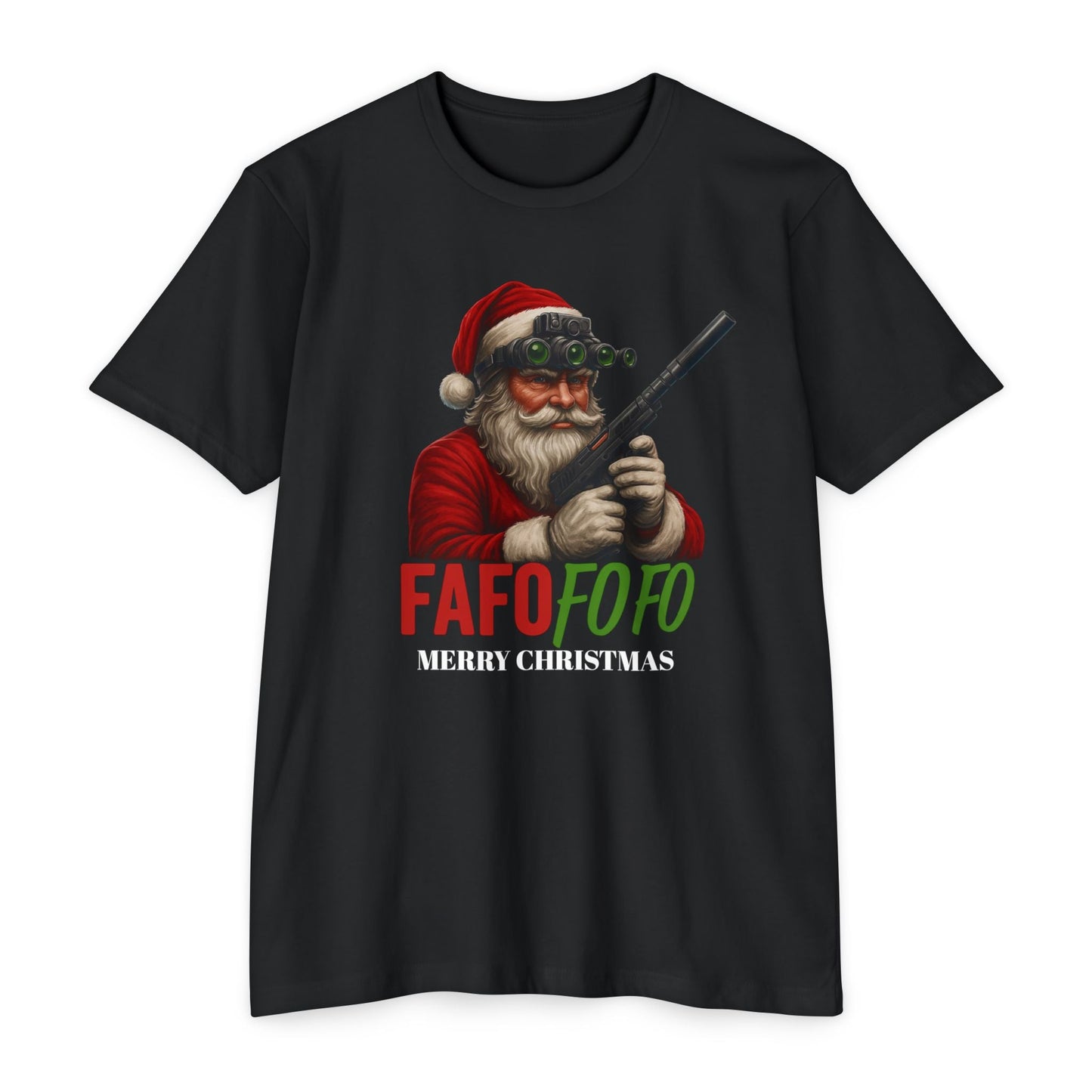 FAFO FO FO – Tactical Santa Christmas Tee | ’Tis The Season FRONT PRINT - Savage Operators Tactical Tee | T-Shirt | Savage Operators Clothing | Patriotic Apparel | Military Humor | High Quality CVC Black