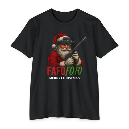 FAFO FO FO – Tactical Santa Christmas Tee | ’Tis The Season FRONT PRINT - Savage Operators Tactical Tee | T-Shirt | Savage Operators Clothing | Patriotic Apparel | Military Humor | High Quality CVC Black