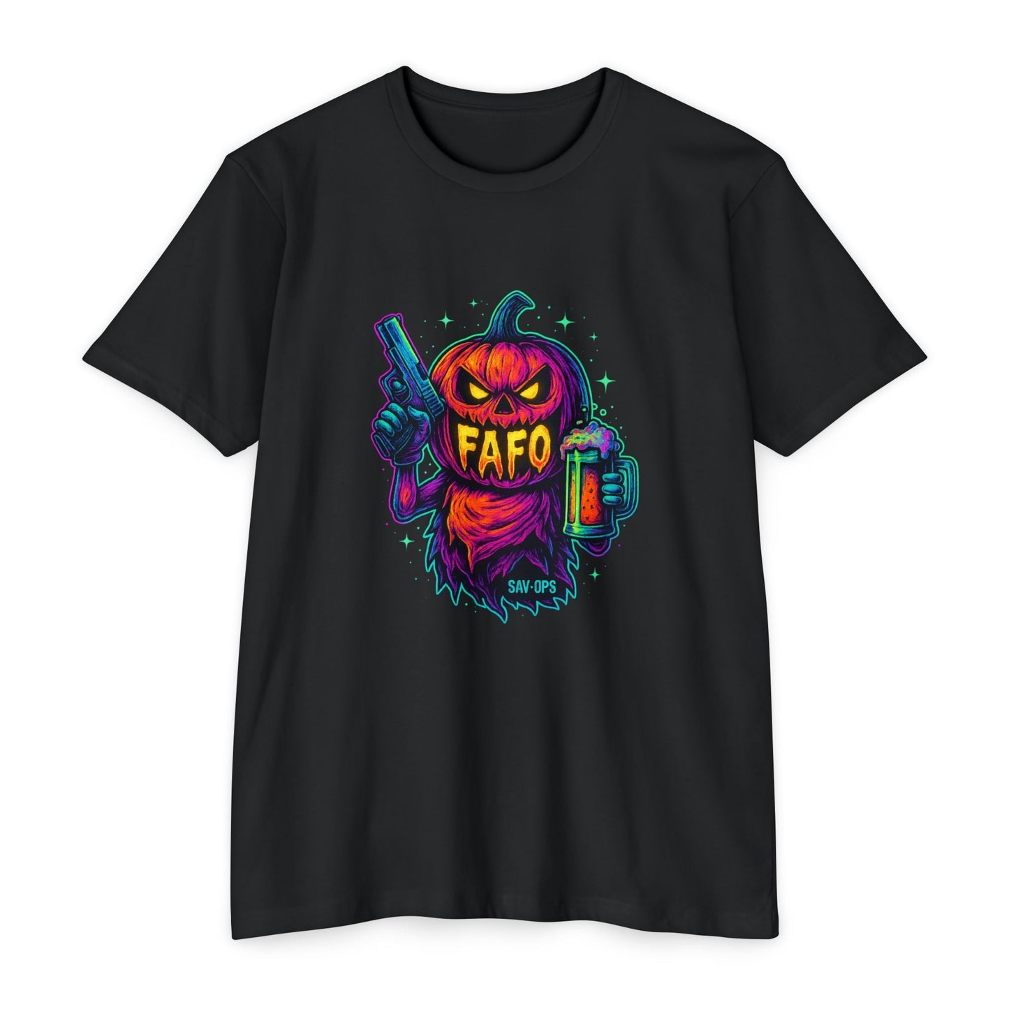 FAFO Pumpkin – Neon Jack T (Front Print) | Savage Operators - Savage Operators Tactical Tee | T-Shirt | Savage Operators Clothing | Patriotic Apparel | Military Humor | High Quality CVC Black
