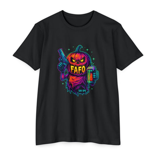 FAFO Pumpkin – Neon Jack T (Front Print) | Savage Operators - Savage Operators Tactical Tee | T-Shirt | Savage Operators Clothing | Patriotic Apparel | Military Humor | High Quality CVC Black