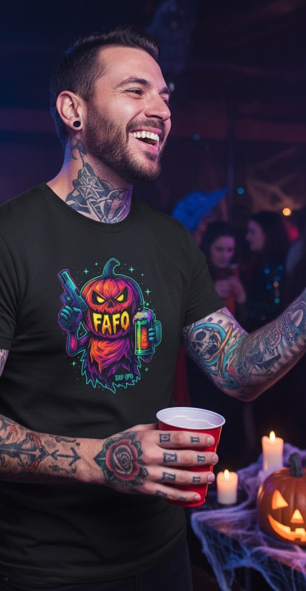 FAFO Pumpkin – Neon Jack T (Front Print) | Savage Operators - Savage Operators Tactical Tee | T-Shirt | Savage Operators Clothing | Patriotic Apparel | Military Humor | High Quality CVC Midnight Navy