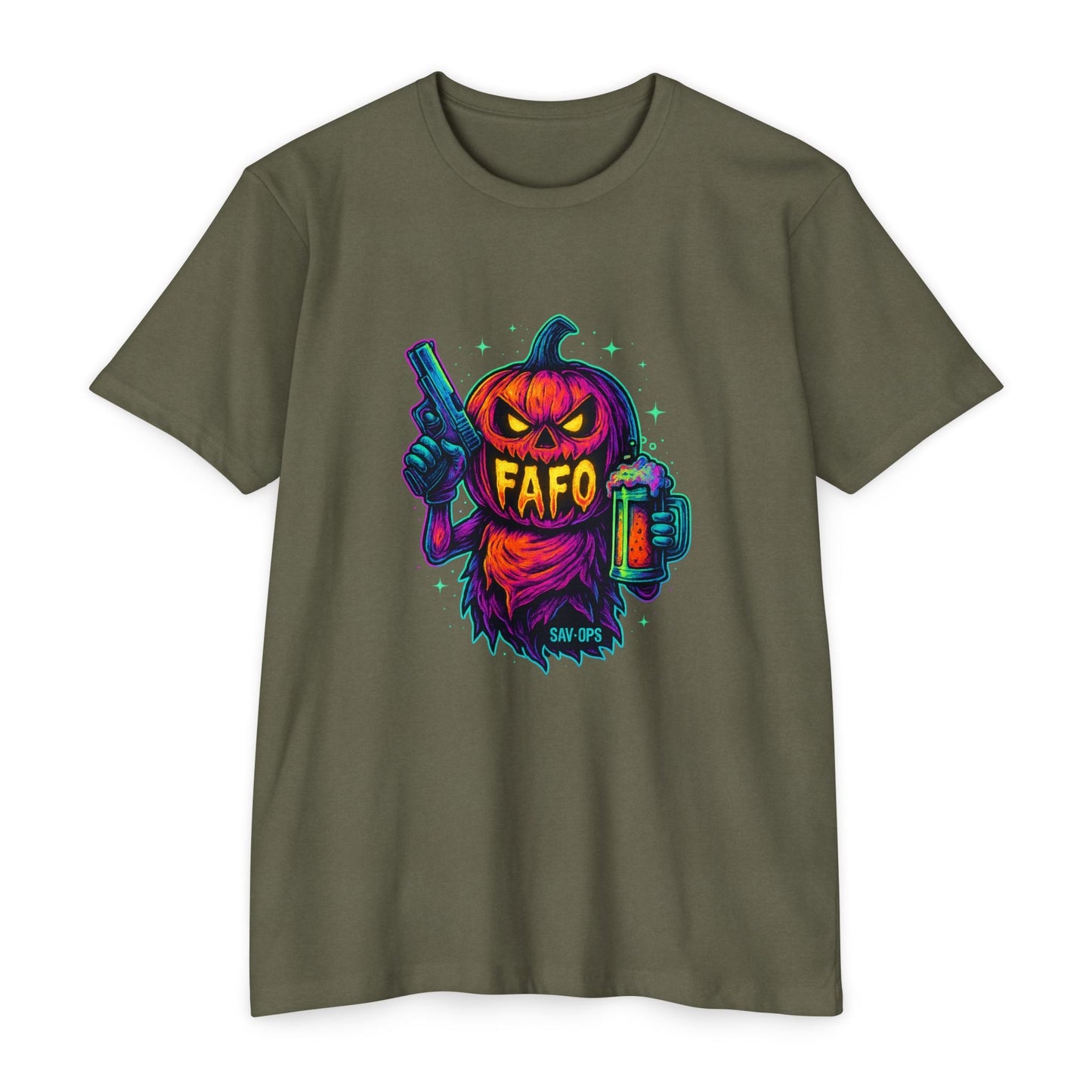 FAFO Pumpkin – Neon Jack T (Front Print) | Savage Operators - Savage Operators Tactical Tee | T-Shirt | Savage Operators Clothing | Patriotic Apparel | Military Humor | High Quality CVC Military Green