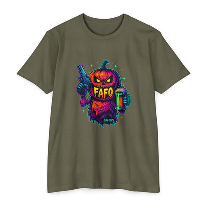 FAFO Pumpkin – Neon Jack T (Front Print) | Savage Operators - Savage Operators Tactical Tee | T-Shirt | Savage Operators Clothing | Patriotic Apparel | Military Humor | High Quality CVC Military Green